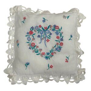 Vintage 80s Hand Embroidered Floral Heart Mini Pillow + Ruffles Pink/Blue/Yellow